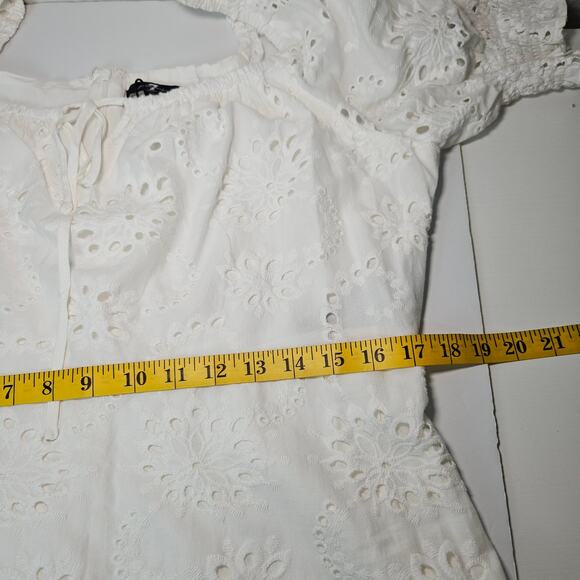 For All Mankind Dress Women Large White Eyelet Cotton Puff Sleeve Midi Cottage - Picture 10 of 11